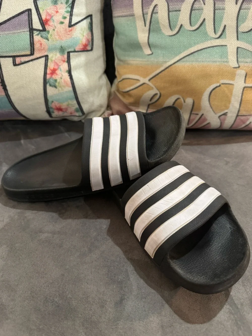 adidas Adilette Aqua Black Slide Sandals with White Stripe Accents - Picture 2 of 7